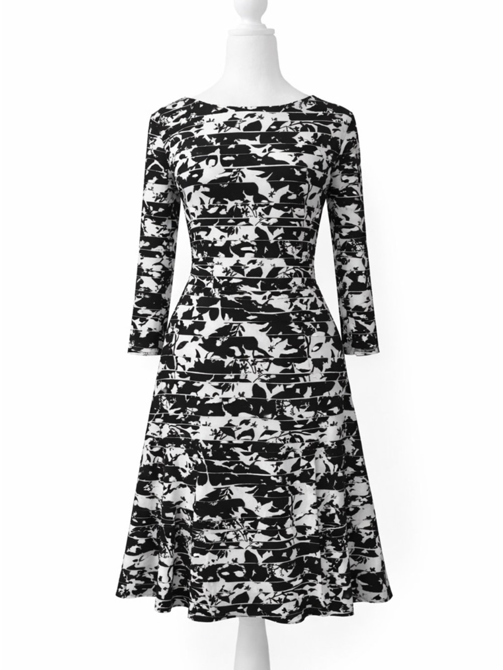 White House Black Market Dress Small Black White Floral Fit & Flare 3/4 Sleeve